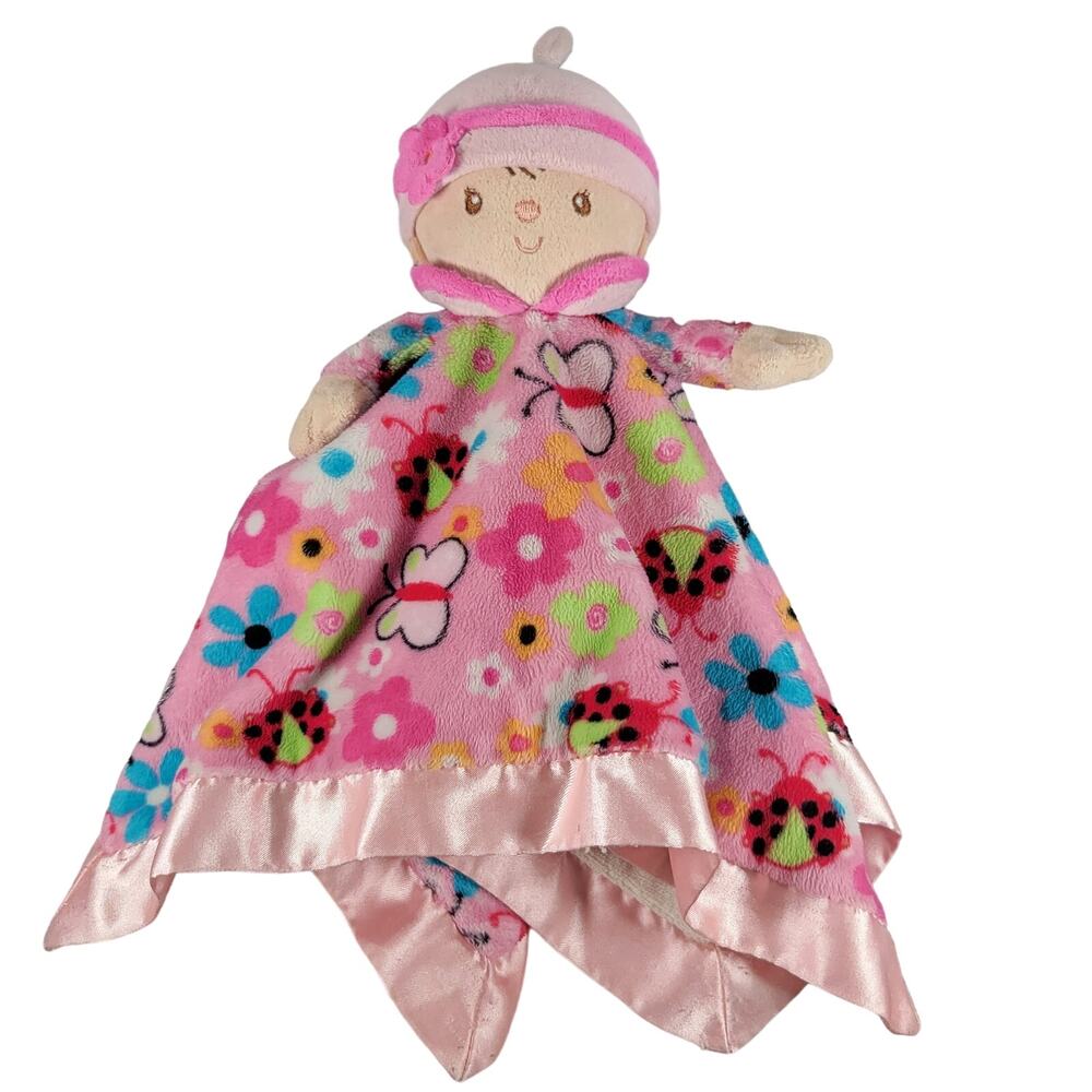 Douglas Baby Doll Lovey Security Blanket Pink Satin Trim Ladybugs 15"